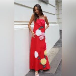 NWT retail $348 Anthro red maxi dress with multicolor floral appliqués sz xs